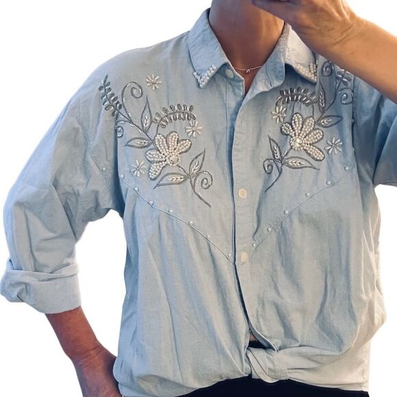 Vtg 80s Blue Button Down Pearl Floral Embellished Chambray Oversized Shirt 1X - Picture 1 of 16